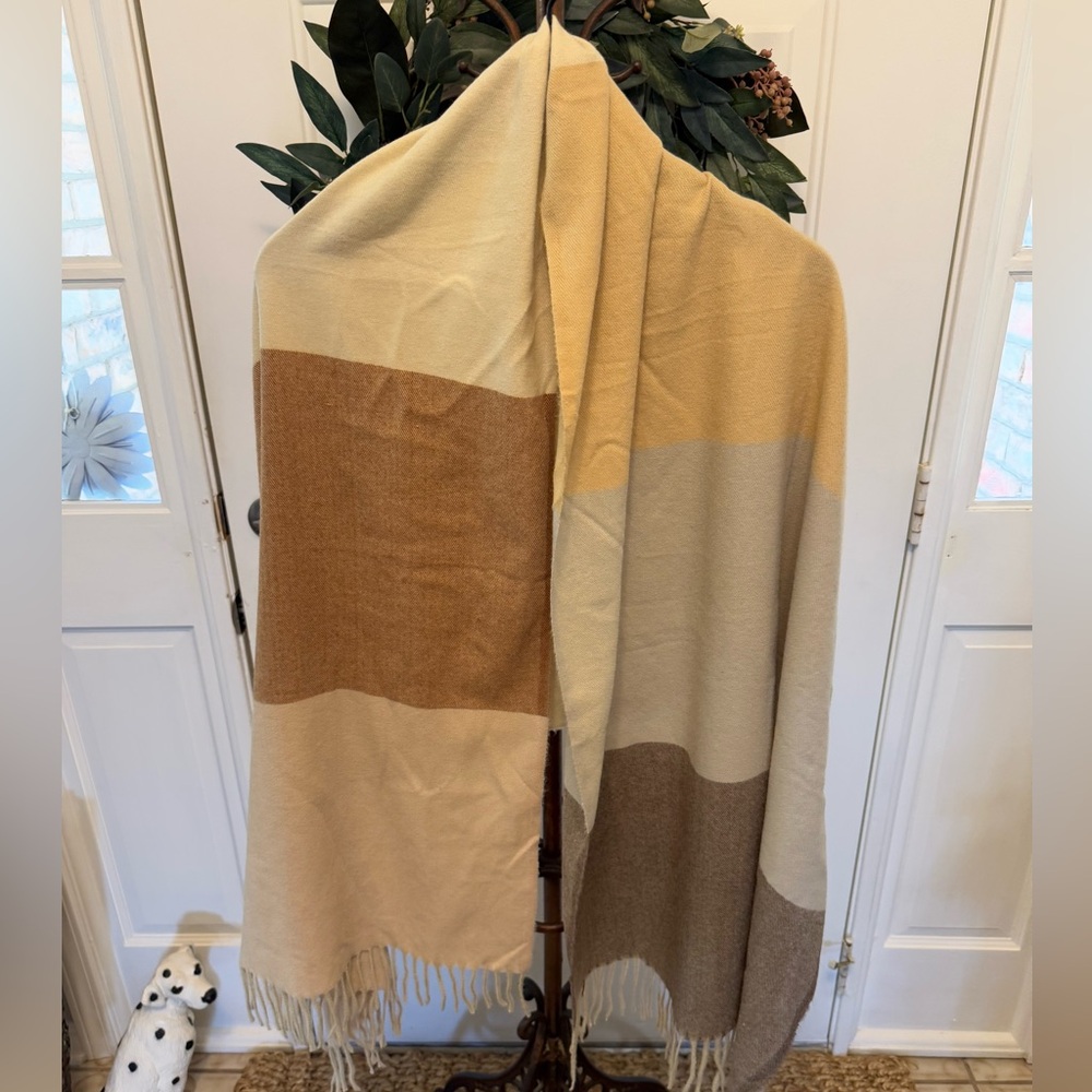 Soft Neutral Color Colorblock Scarf with Fringe OS